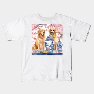 Preppy Golden Retrievers and chinoiserie jars Kids T-Shirt